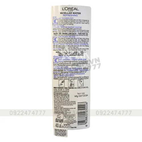 Nước tẩy trang Micellar Water Refreshing Loreal Paris xanh nhạt 400ml