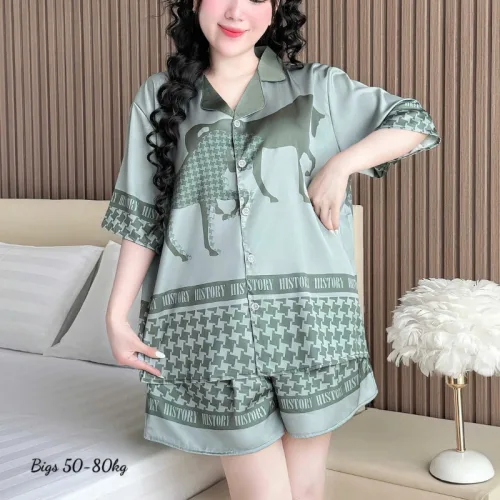 Bộ Pijama Nữ Tay Ngắn Quần Đùi Họa Tiết Big Size 50–80kg