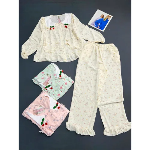 Nguồn hàng sỉ đồ Bộ Nữ Áo Cổ Sen Tay Dài Quần Dài Họa Tiết Gấu Đáng Yêu Vải Cotton Hàn Mịn Mát Size 45-62kg