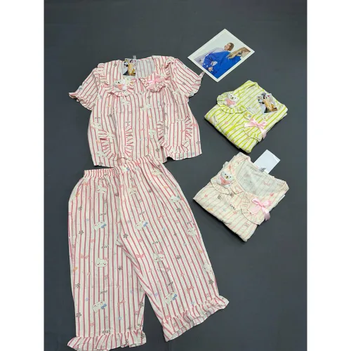Đồ Bộ Nữ Cotton Hàn Mịn Mát, Cổ Sen, Quần Lửng Họa Tiết Gấu 45-62kg