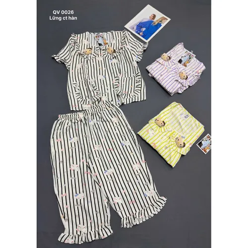 Đồ Bộ Nữ Cotton Hàn Mịn Mát, Cổ Sen, Quần Lửng Họa Tiết Gấu 45-62kg