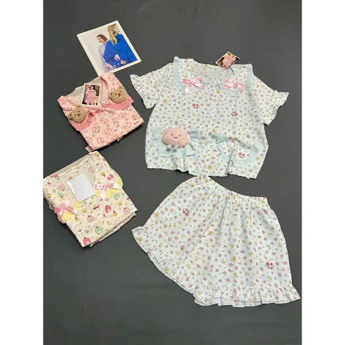 Đồ Bộ Nữ Cotton Hàn Áo Cổ Sen, Tay Ngắn Và Quần Đùi Họa Tiết Size 45-62kg
