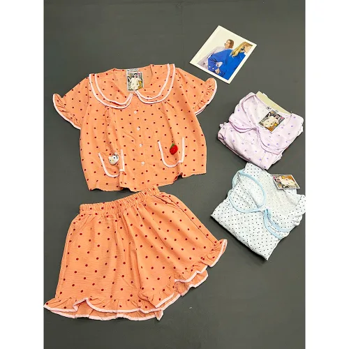 Chỗ sỉ đồ Bộ Nữ Áo Cổ Sen Tay Ngắn Quần Đùi Họa Tiết Chấm Bi Vải Cotton Hàn Mịn Mát Size 45-62kg