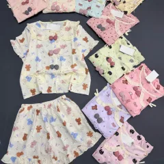Bộ cotton Hàn nữ họa tiết gấu, áo cổ sen tay ngắn và quần đùi, size 45-62kg