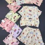 Bộ cotton Hàn nữ họa tiết gấu, áo cổ sen tay ngắn và quần đùi, size 45-62kg