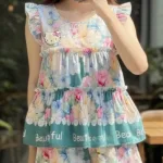 Đồ bộ nữ HT-95239 gồm áo tay cánh tiên và quần đùi chấm bi