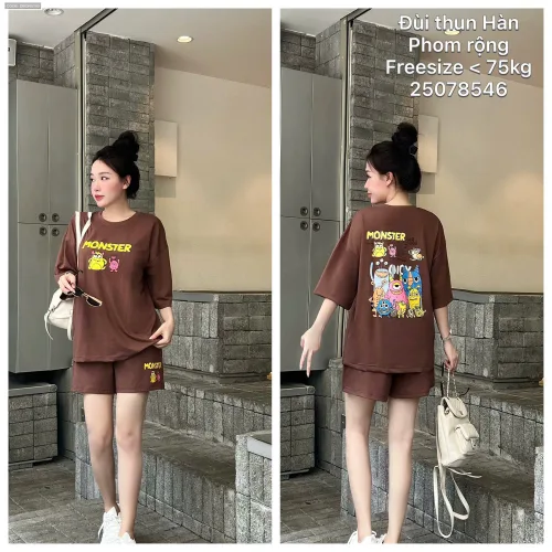 Bộ nữ áo ngắn tay và quần đùi thun Hàn phom rộng dưới 75kg