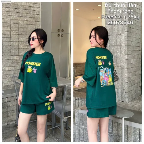 Bộ nữ áo ngắn tay và quần đùi thun Hàn phom rộng dưới 75kg
