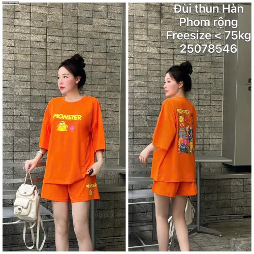 Bộ nữ áo ngắn tay và quần đùi thun Hàn phom rộng dưới 75kg