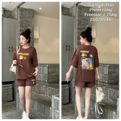 Bộ nữ áo ngắn tay và quần đùi thun Hàn phom rộng dưới 75kg