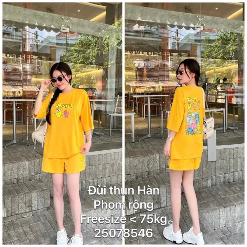Bộ nữ áo ngắn tay và quần đùi thun Hàn phom rộng dưới 75kg