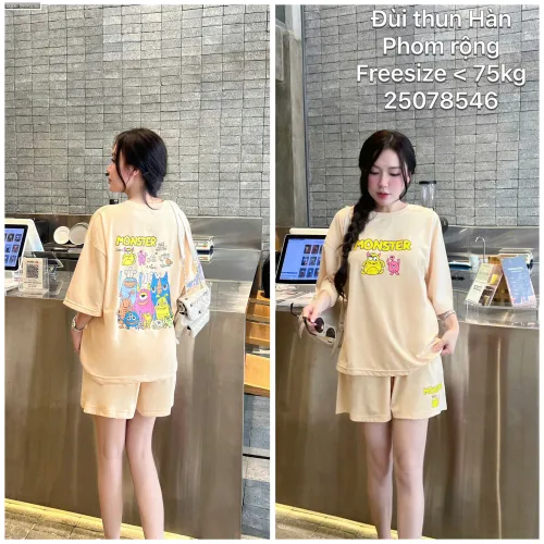 Bộ nữ áo ngắn tay và quần đùi thun Hàn phom rộng dưới 75kg