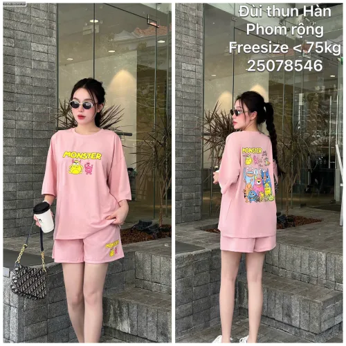 Bộ nữ áo ngắn tay và quần đùi thun Hàn phom rộng dưới 75kg
