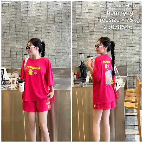 Bộ nữ áo ngắn tay và quần đùi thun Hàn phom rộng dưới 75kg
