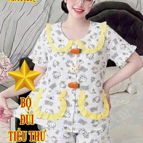 Chỗ sỉ đồ bộ nữ cổ sen quần đùi vải cotton hàn không giãn QV-95026