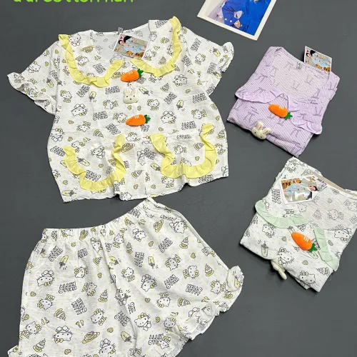Chỗ sỉ đồ bộ nữ cổ sen quần đùi vải cotton hàn không giãn QV-95026