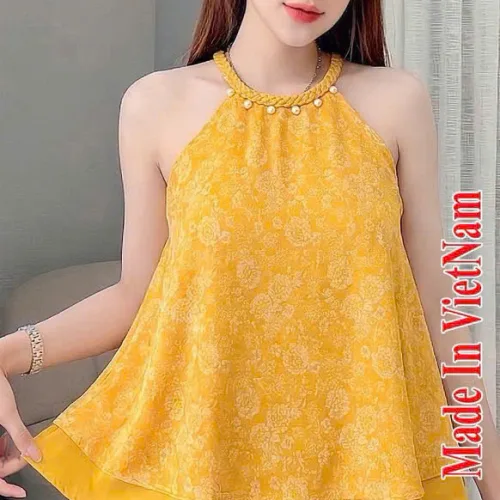 Shop sỉ đồ bộ nữ cổ yếm quần  đùi vải gấm phối mango
