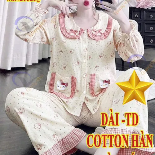 Đồ bộ nữ QV-20026 cotton Hàn không giãn, áo tay dài và quần dài