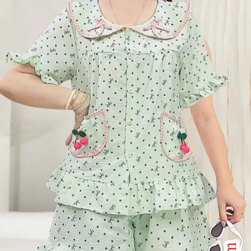 Bộ đồ nữ cotton Hàn gồm áo tay ngắn và quần đùi