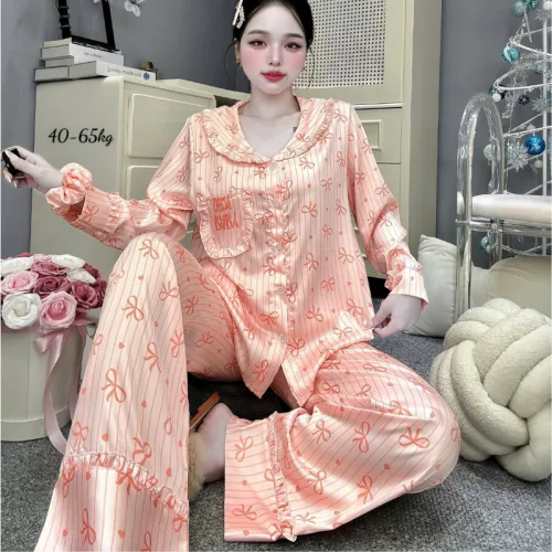 Chỗ sỉ đồ Bộ Pijama Nữ - Đồ Bộ Tay Dài Quần Dài Viền Bèo Họa Tiết Nhí Size 40-65kg