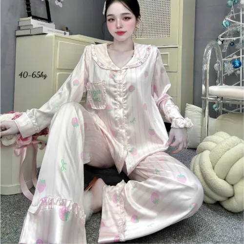Chỗ sỉ đồ Bộ Pijama Nữ - Đồ Bộ Tay Dài Quần Dài Viền Bèo Họa Tiết Nhí Size 40-65kg