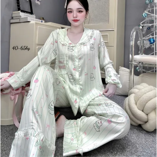 Chỗ sỉ đồ Bộ Pijama Nữ - Đồ Bộ Tay Dài Quần Dài Viền Bèo Họa Tiết Nhí Size 40-65kg
