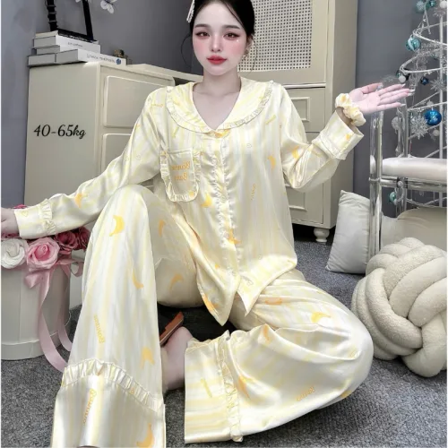 Chỗ sỉ đồ Bộ Pijama Nữ - Đồ Bộ Tay Dài Quần Dài Viền Bèo Họa Tiết Nhí Size 40-65kg