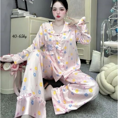 Chỗ sỉ đồ Bộ Pijama Nữ - Đồ Bộ Tay Dài Quần Dài Viền Bèo Họa Tiết Nhí Size 40-65kg
