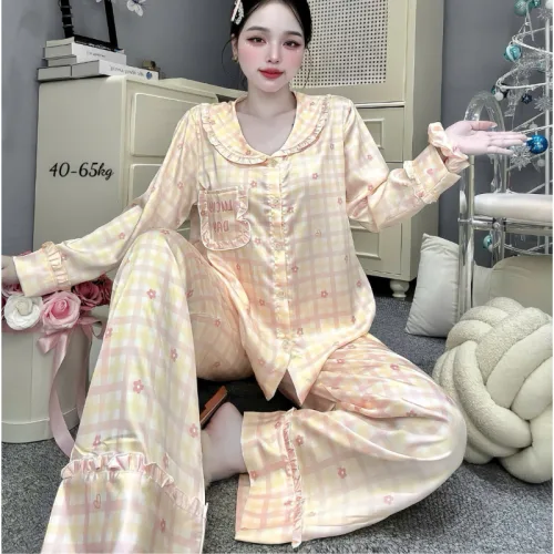 Chỗ sỉ đồ Bộ Pijama Nữ - Đồ Bộ Tay Dài Quần Dài Viền Bèo Họa Tiết Nhí Size 40-65kg