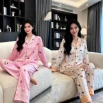 Đồ bộ pijama nữ tay dài, quần dài viền ren họa tiết size 40-60kg