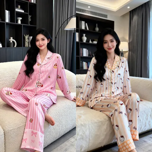 Khám phá Đồ bộ pijama nữ tay dài, quần dài viền ren họa tiết size 40-60kg thuộc nhóm đồ ngủ