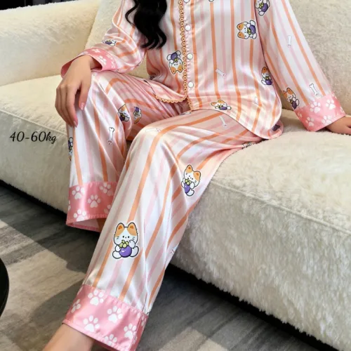 Đồ bộ pijama nữ tay dài, quần dài viền ren họa tiết size 40-60kg