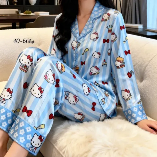 Đồ bộ pijama nữ tay dài, quần dài viền ren họa tiết size 40-60kg