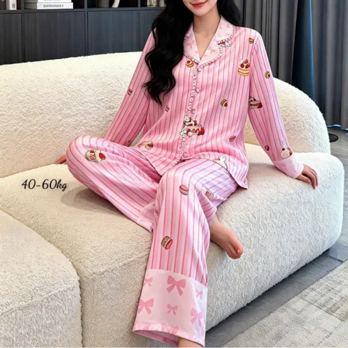 Đồ bộ pijama nữ tay dài, quần dài viền ren họa tiết size 40-60kg