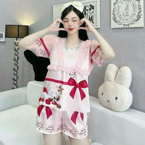 Khám phá Shop sỉ đồ bộ quần đùi latin áo cổ vuông viền ren nơ in hình dể thương thuộc nhóm đồ bộ latin