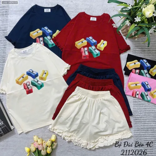 Chuyên sỉ đồ bộ thun nữ áo tay ngắn quần đùi bèo chất cotton 4 chiều