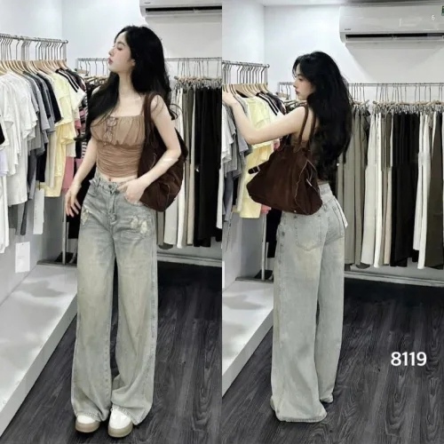 Shop sỉ quần Jeans Cotton Nữ Ống Suông Vải Dày Mềm Không Co Giãn Tôn Dáng