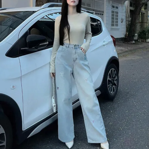 Shop sỉ quần Jeans Cotton Nữ Ống Suông Vải Dày Mềm Không Co Giãn Tôn Dáng