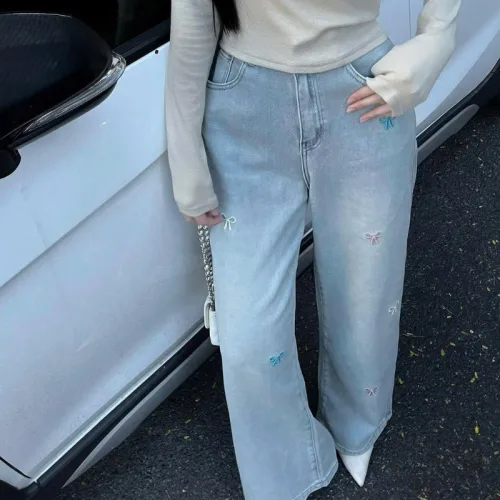 Shop sỉ quần Jeans Cotton Nữ Ống Suông Vải Dày Mềm Không Co Giãn Tôn Dáng