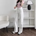 Nơi lấy sỉ quần Jeans Nữ Ống Rộng Vải Dày Mềm Không Co Giãn Phối Nơ Ở Túi Quần Cực Xinh