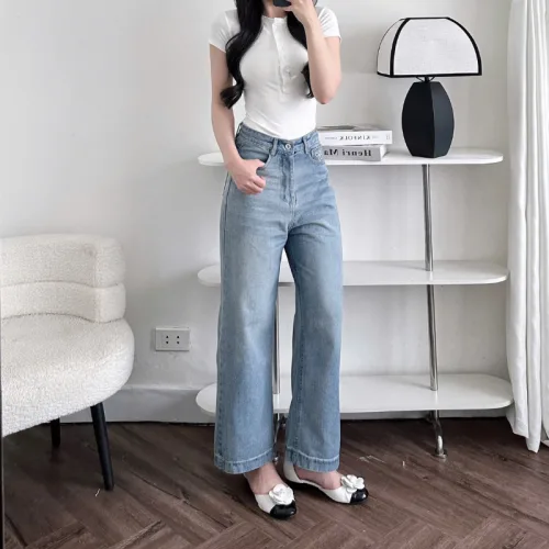 Nơi lấy sỉ quần Jeans Nữ Ống Rộng Vải Dày Mềm Không Co Giãn Phối Nơ Ở Túi Quần Cực Xinh