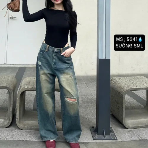 Quần jeans nữ 5641 ống suông, chất vải dày mềm không co giãn
