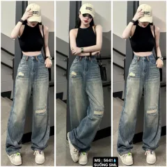 Quần jeans nữ 5641 ống suông, chất vải dày mềm không co giãn