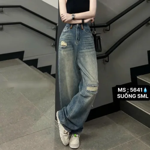 Quần jeans nữ 5641 ống suông, chất vải dày mềm không co giãn