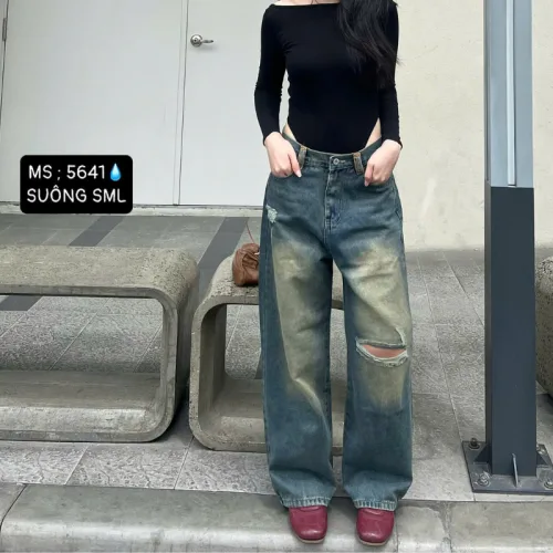 Quần jeans nữ 5641 ống suông, chất vải dày mềm không co giãn