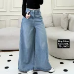 Quần jeans nữ xanh dáng suông loe, ống rộng, vải dày mềm không co giãn