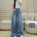 Quần jeans nữ xanh dáng suông loe, ống rộng, vải dày mềm không co giãn