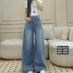 Quần jeans nữ xanh dáng suông loe, ống rộng, vải dày mềm không co giãn