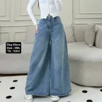 Quần jeans nữ xanh dáng suông loe, ống rộng, vải dày mềm không co giãn