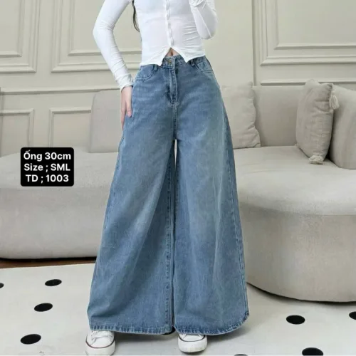 Quần jeans nữ xanh dáng suông loe, ống rộng, vải dày mềm không co giãn